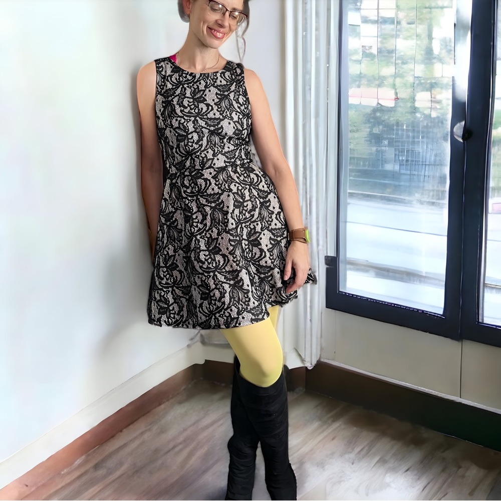 HS Heart Soul Black Lace Over Champagne Fit and Flare Dress (small)